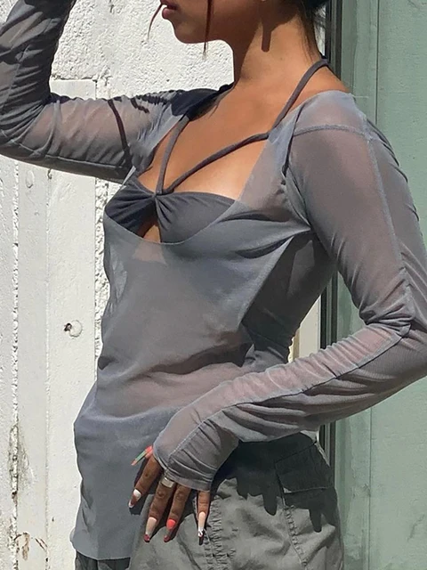 Goth Dark Y2k Punk Mesh See Through T-shirts Women Cyber Sexy Summer Halter Tops Lace Up Techwear Black Patchwork Split Clothes grey