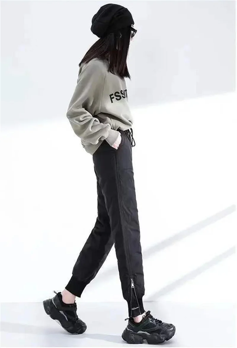 Warm Thicken Side Zip Down Cotton Straight Pant Casual Thick Winter Snow Wear Windproof Pantalones New Fluffy High Waist Spodnie