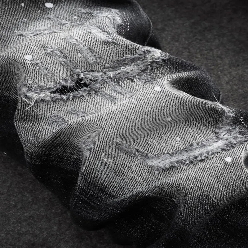 Street Fashion Men Jeans Retro Black Gray Stretch Slim Fit Painted Ripped Jeans Embroidery Patched Designer Hip Hop Brand Pants