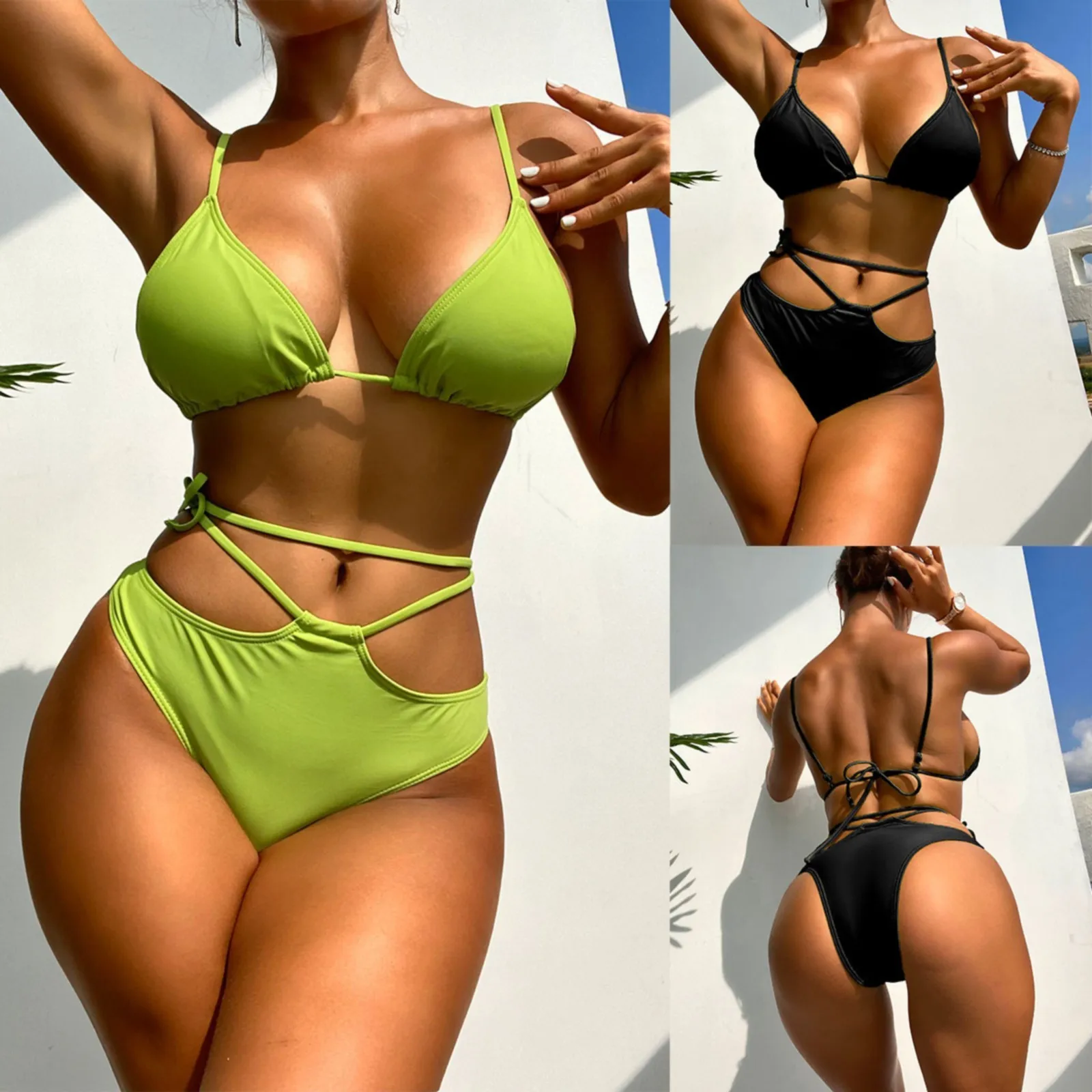 

Ladies Solid Color Bikini Tether Strap Sexy Two Piece Swimsuit