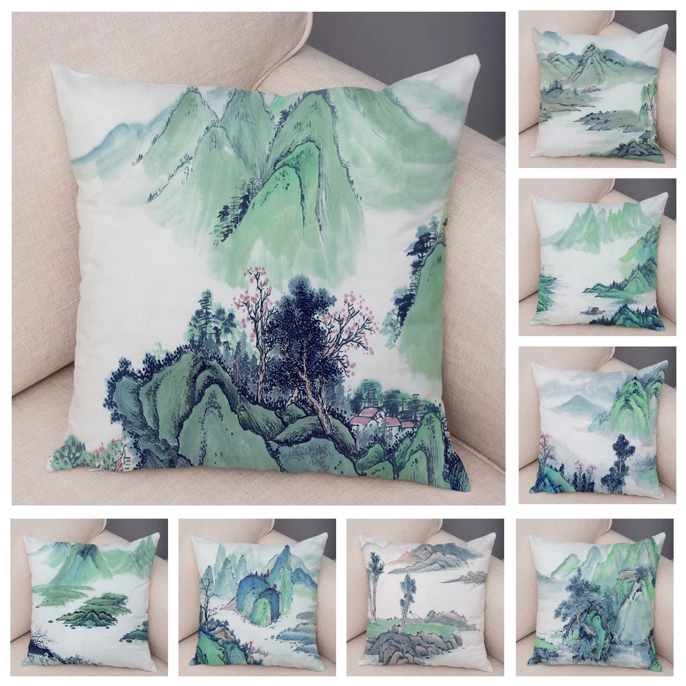 

Bedroom Living Room Decoration Chinese Ink Scenery Pillow Cover Green Printing Sofa Home Decor Cushion