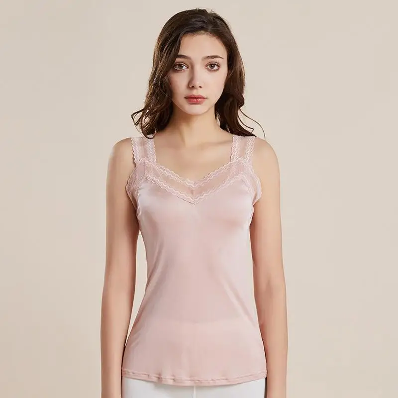 

Silk Suspender Vest Women's Thin French Sling Under Shirt V-neck Lace Wide Straps Camisole Slim Tanks Top Black underwear White