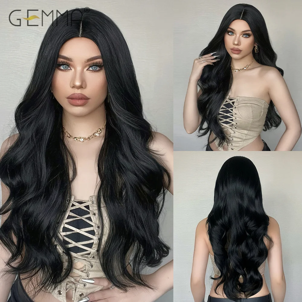 GEMMA Black Long Wavy Synthetic Wig Natural Black Body Wave Wigs for Women Afro Cosplay Daily Hair Middle Part Heat Resistant