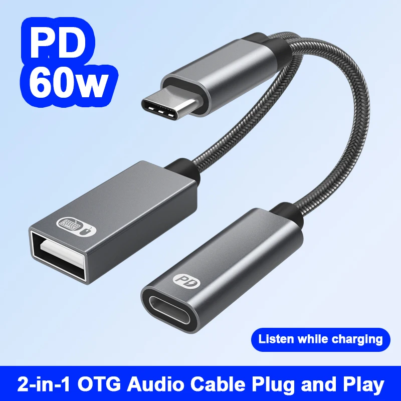Adaptador OTG USB C a USB A 2 en 1 con puerto de carga PD, adaptador de carga tipo C, adaptador de audio auxiliar para iPhone 15, Samsung, Huawei, Xiaomi