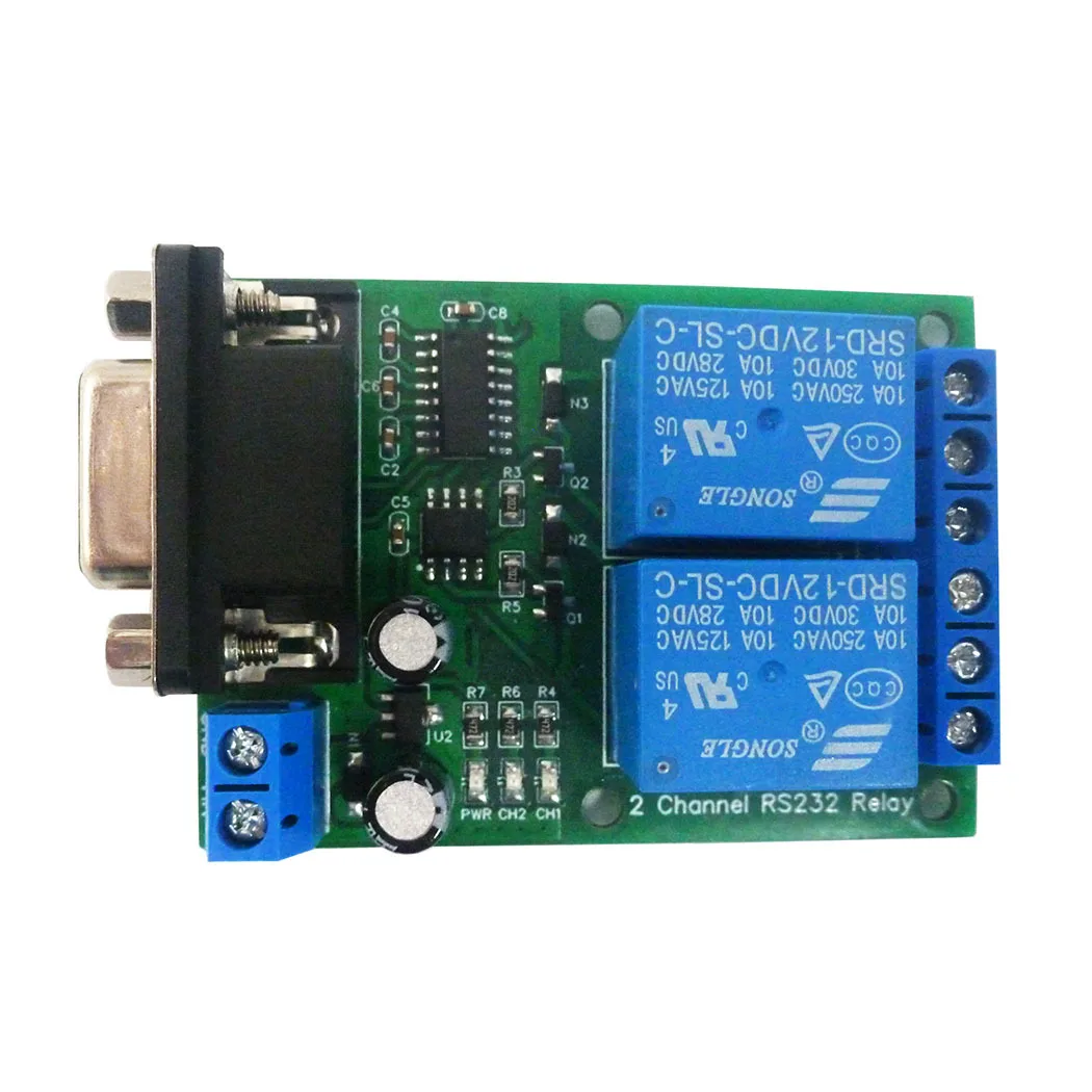 

N228D02 RS232 Relay Module 2 Channel DC 12V 24V 67MA PC UART Relay DB9 Serial Switch For PLC Camera Industrial Control System
