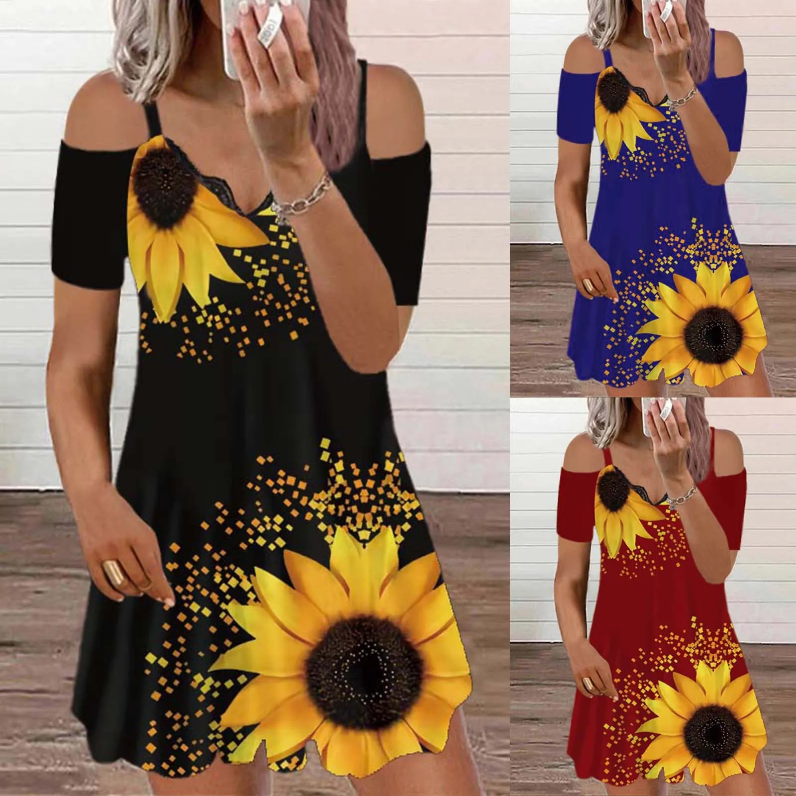 

Women’s Casual Summer T Shirt Dress Print Short Sleeve Tunic Straps Dress Ruffles Patchwork Chic