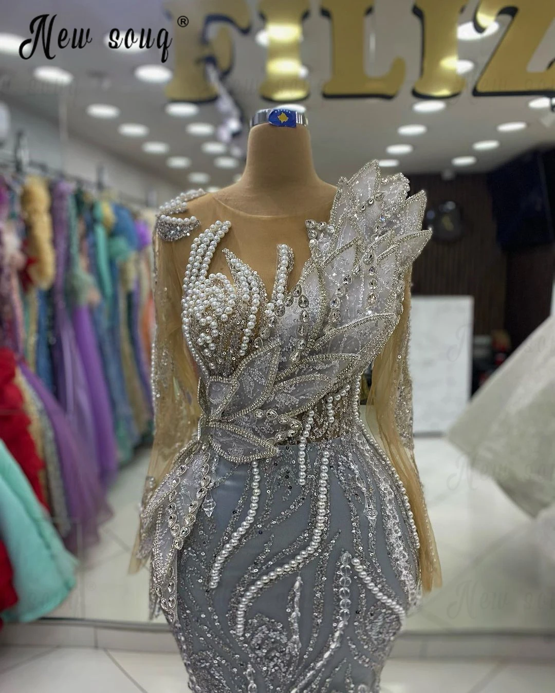

Elegant Silver Beading Long Sleeve Evening Dress Mermaid Sparkly Sequins Formal Occasion Dresses Plus Size Robe de Mariée 2024