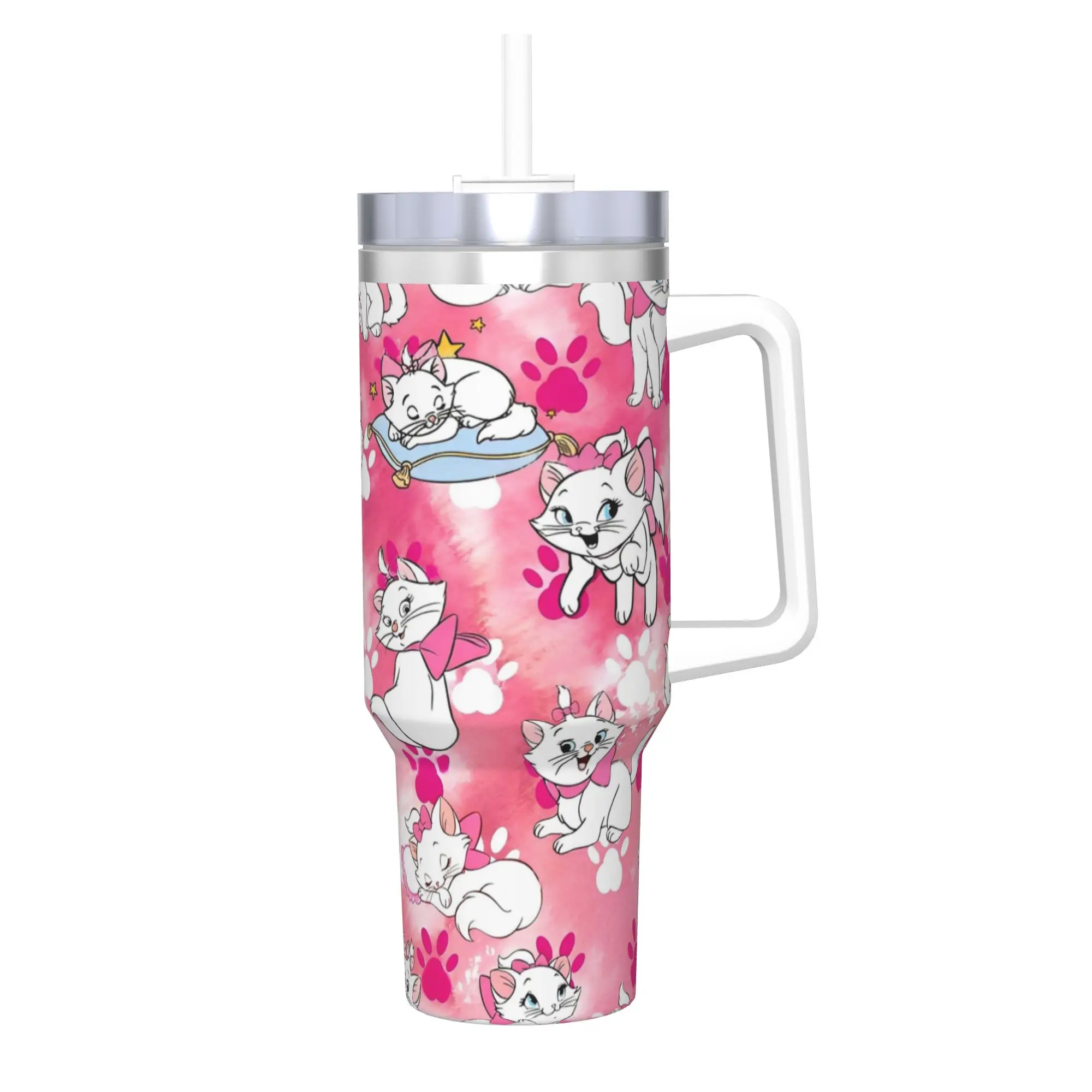 Stainless Steel Aristocats Marie Cat Tumbler with Straw - Large Capacity Thermal Mug