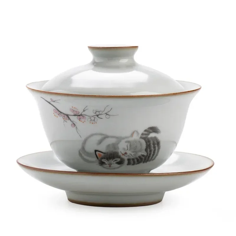 Traditional Ru Kiln Ceramic Tea Tureen Bowl Handmade Cat Pattern Teacup Travel Portable Gaiwan Home Tea Set Drinkware 160ml