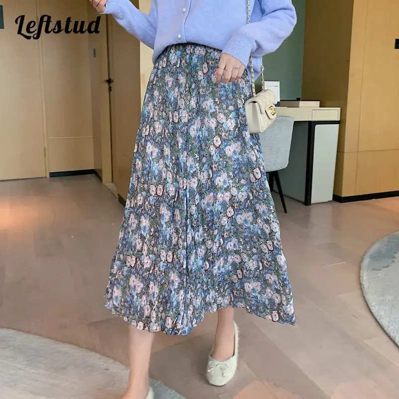 Blue Purple Floral Chiffon Women's Skirt 2022 Elastic High Waist French Bohemian Elegant A-line Mid-Calf Long Skirts For Women for xiaomi redmi note 12 4g global classic calf texture flip leather phone case blue