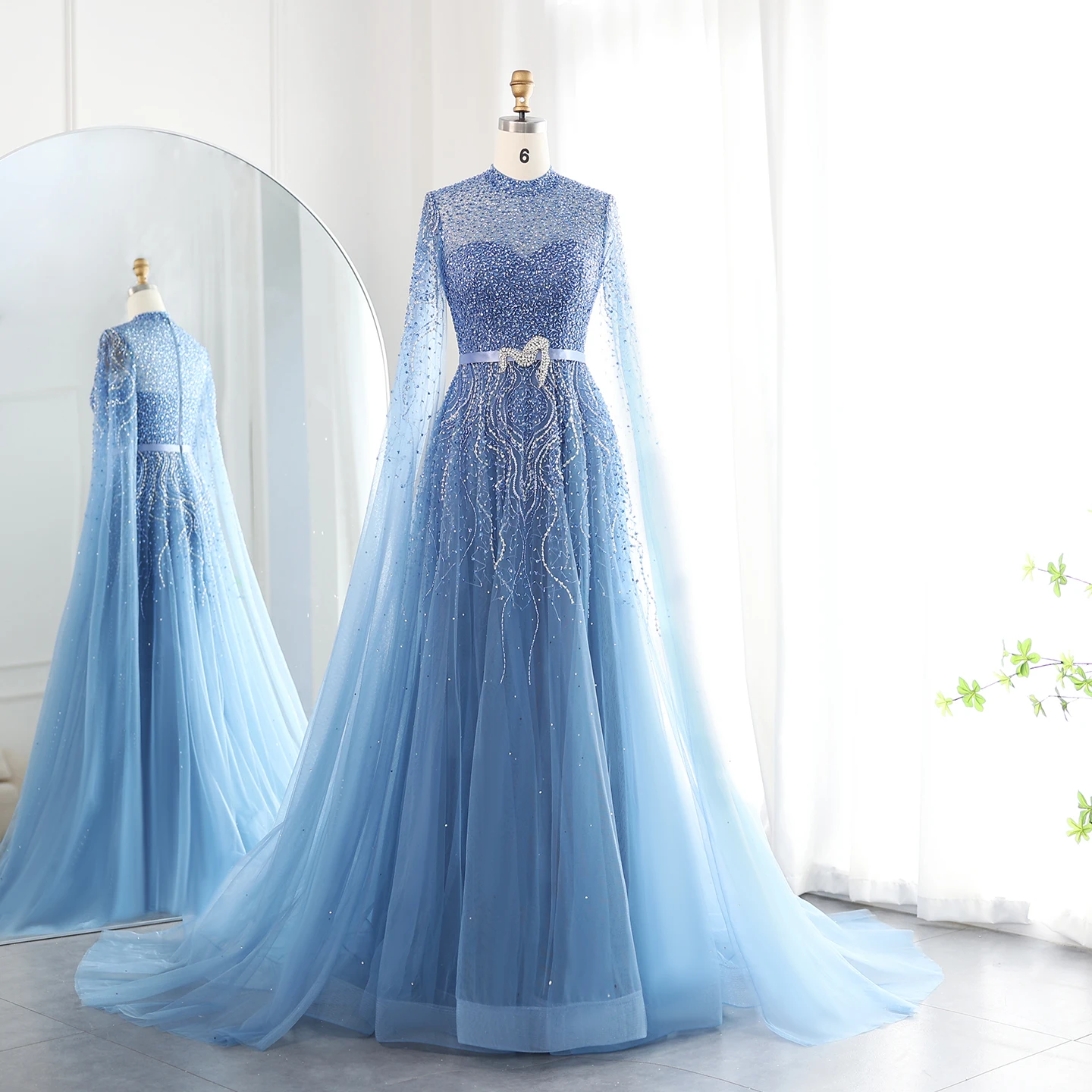 Modest Muslim Women's Lumina Evening Gown with Belt - 7013 Ice Blue