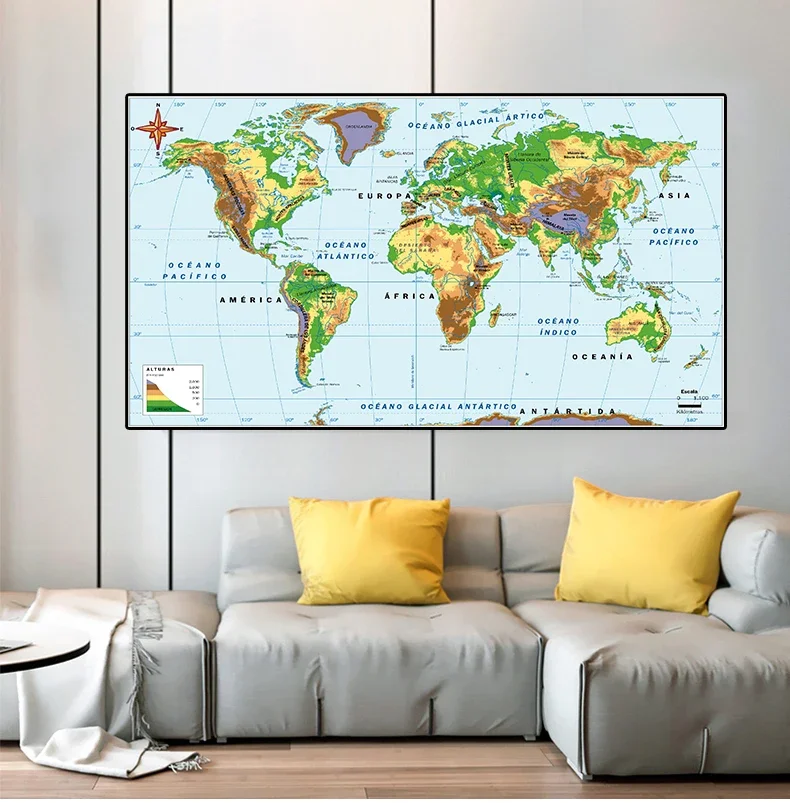 150*100cm In Spanish The World Orographic and Elevation Map Non-woven Canvas Painting Wall Art Poster Home Office Decoration