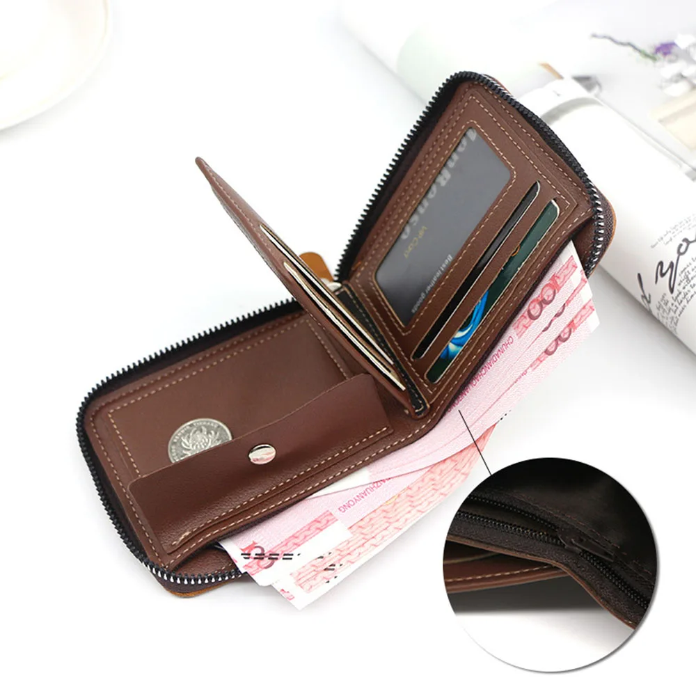 Men's wallet retro leather short zipper multifunctional wallet with large capacity high quality anti-theft brush wallet