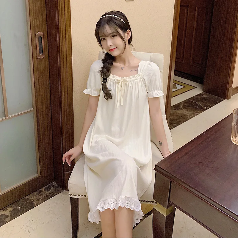 Lace Nightgown Sleepwear Womens Korean Ruffles Night Dress Lace One Piece Pajamas Autumn Long Sleeve Square Collar Home Wear New