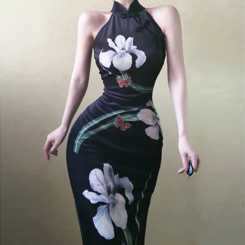 

Retro Young Girl Improved Modern Qipao Sexy Cheongsam Dress Printing Temperament Slim Elegant Long Black Dresses With Hip Skirt