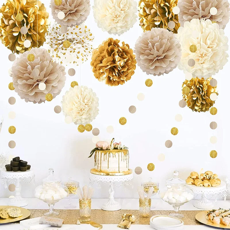 Boho-Party-Deko: Hängende Papier-Pompons & Laternen In Grün & Gold – Perfekt Für Hochzeit, Geburtstag & Mehr