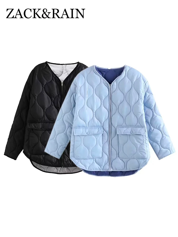 

Женская однотонная стеганая куртка ZACK RAIN с V-образным вырезом, осень/зима 2022, Женская свободная парка, Повседневная теплая верхняя одежда для улицы