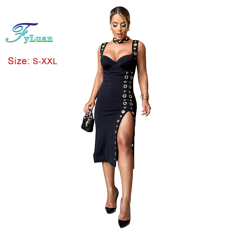 Elegant Women's V-neck Dress Wide Strap Metal Button Decoration Temperament  Solid Color Slit Split Dress Club Banquet Prom Gowns - AliExpress 200000345