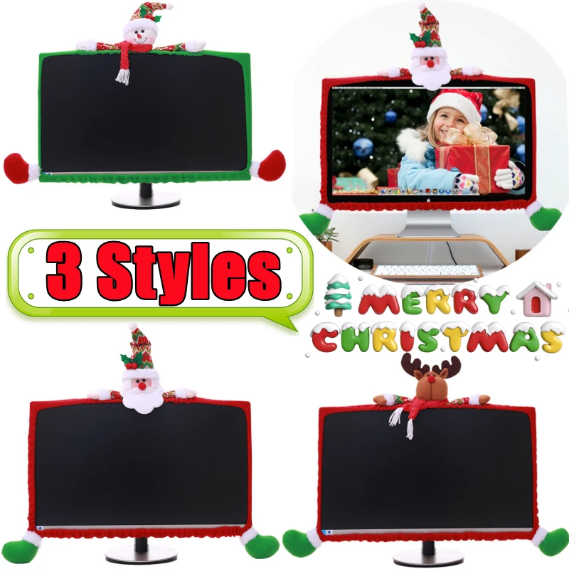 New Christmas Computer Monitor Cover Elastic Christmas Decoration Reindeer Laptop Computer Cover For Christmas Home Office Decor