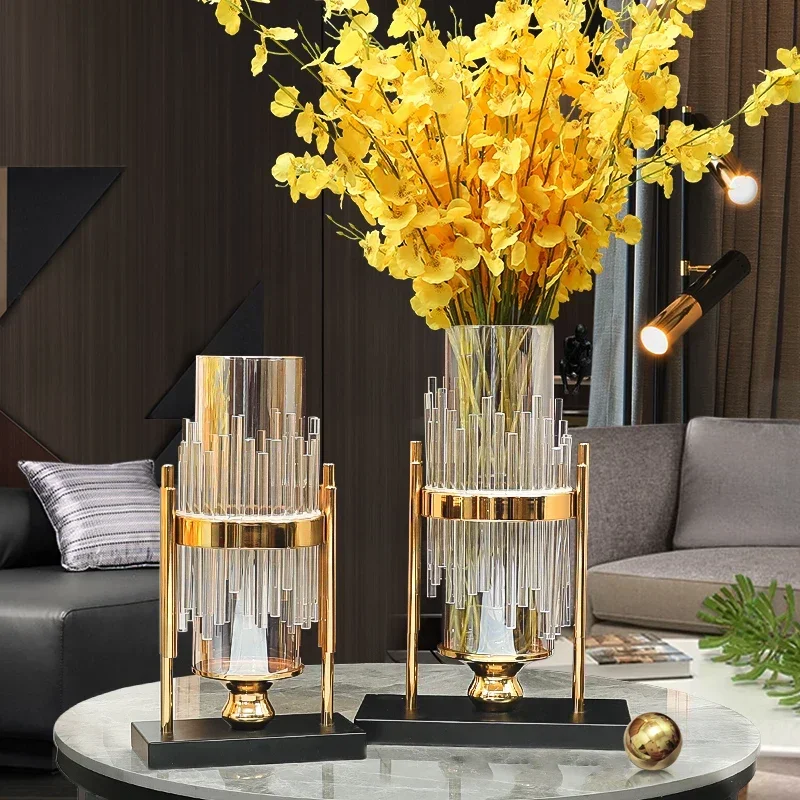 

Metal Transparent Glass Vases Modern Design Luxury Crystal Plant Pot Dried Flowers Living Room Jarrones Table Decoration