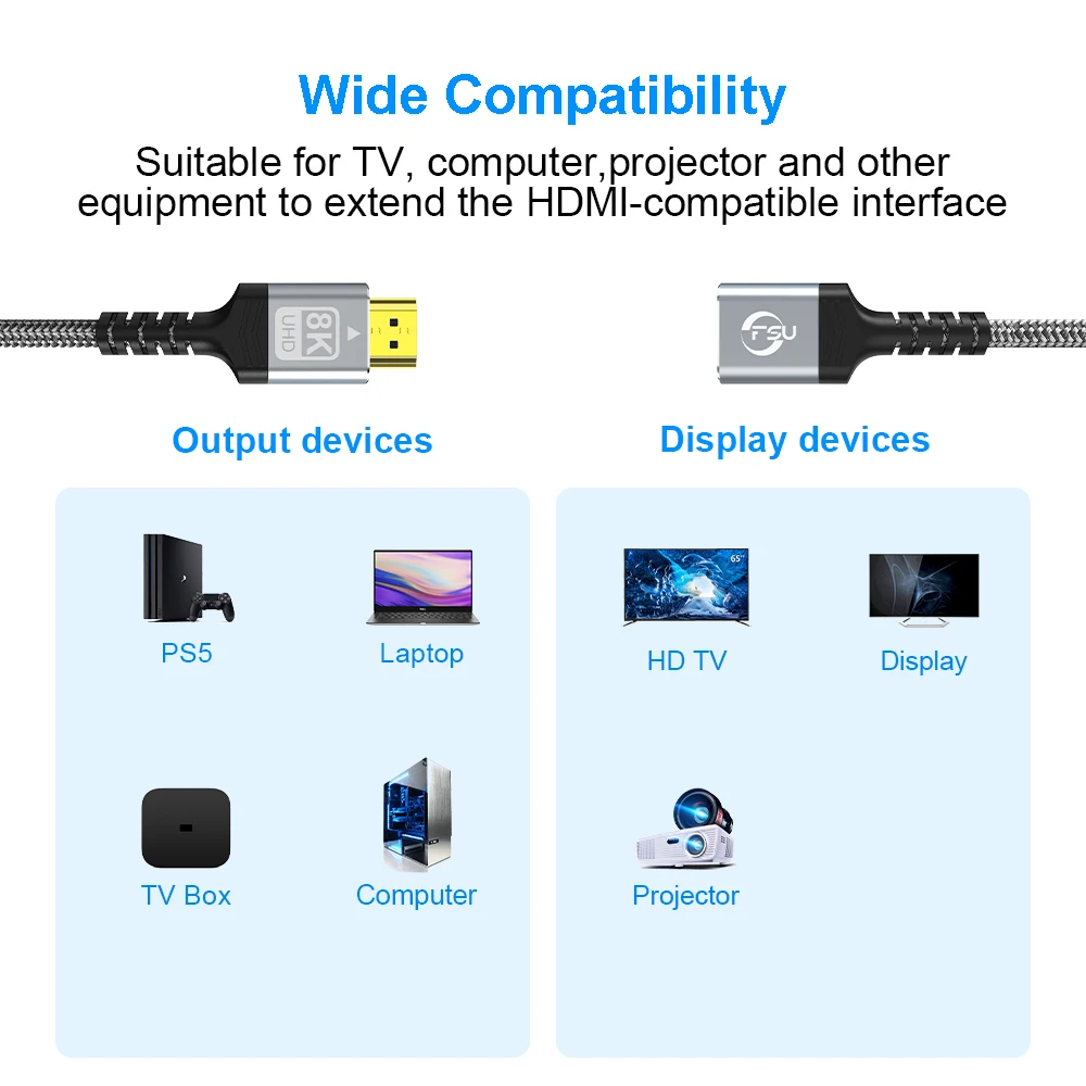 Ultra High-Speed HDMI Extender Cable, Male to Female Adapter, 8K 60Hz, 4K 120Hz, 48Gbps