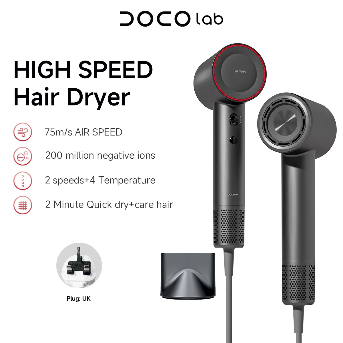 DOCOLAB High Speed Hair Dryer UK Plug Negative Ions Straightener 525g Lightweight Magnetic Nozzle Blow Dryer Home Travel Gift