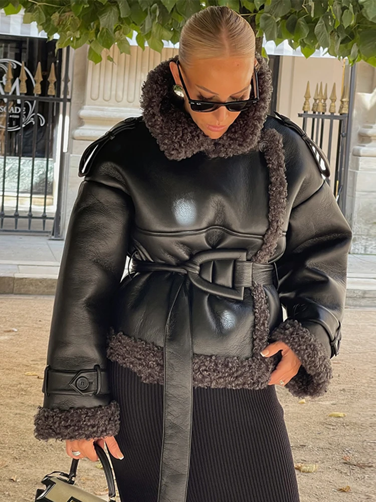 Vintage Patchwork Fur Leather Coats Women Lapel Lace Up Long Sleeve Thicken Warm Jacket 2025 Winter Lady New Streetwear Overcoat 3
