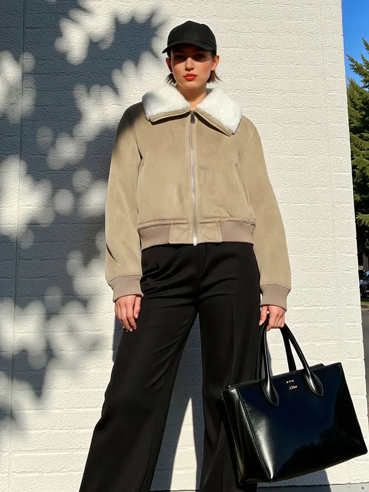 HH Women Elegant Fashion Khaki Coat Turn-Down Collar Long Sleeve Zipper Jacket Female Autumn Winter Warm Thick Outwear