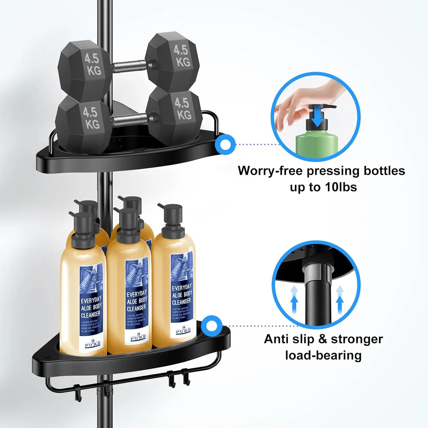 Corner Shower Caddy Tension Pole: Adjustable Stainless Steel Shower Organizer with 4 Tier Shelf for Bathroom Bathtub Tub Shampoo 6