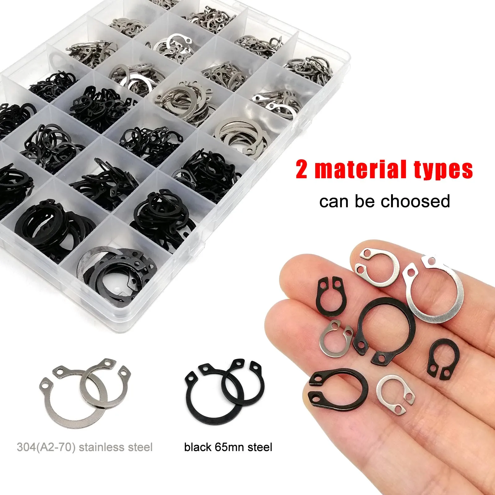 250/500/900pcs 5-20mm C Type External Circlip Kit Set Bearing Shaft Retaining Clip Snap Ring Black 65mn Stainless Steel GB894 retaining clip