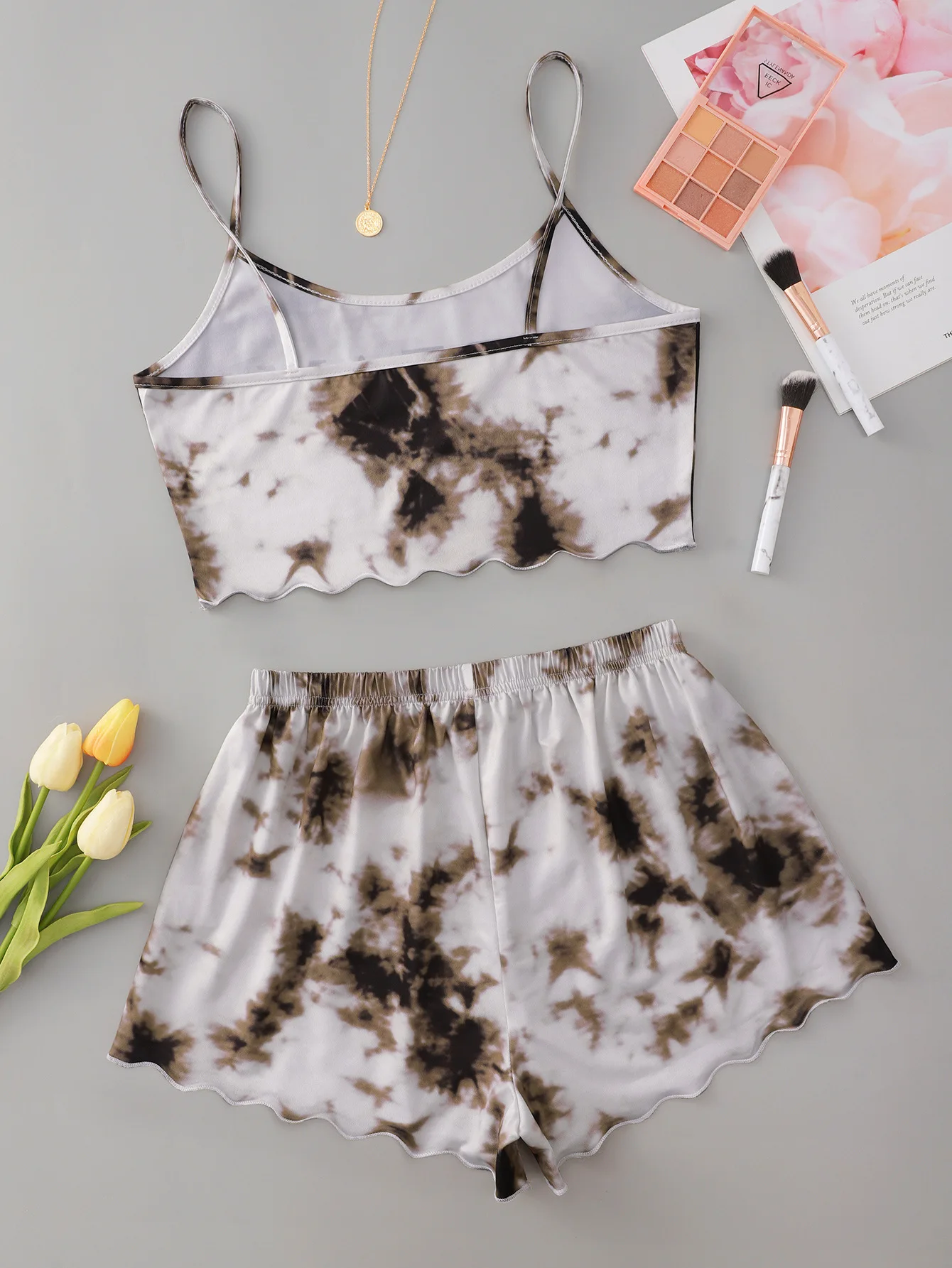 Y2K Tie Dye Dream Graphic Pajama Set Womens Cami Crop Top and Shorts Two Piece Sleepwear Loungewear Sexy Lettuce Trim New Hot