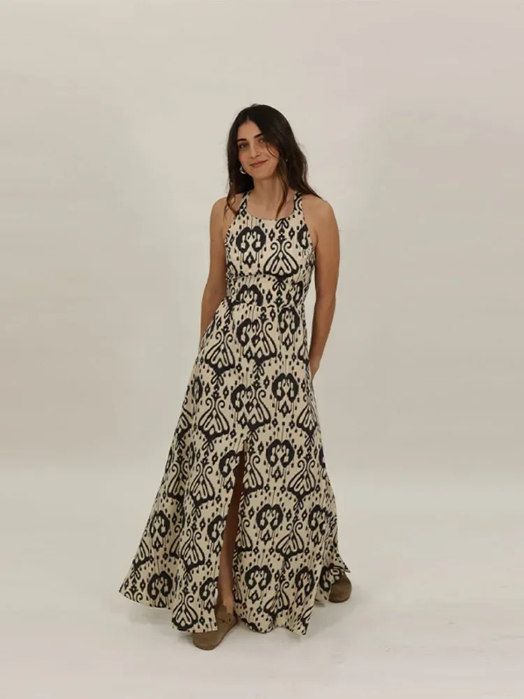 

Summer Vintage Printed Sling Long Dress Sexy Sleeveless Backless Split Maxi Dress Chic Lady High Street High Waisted A Line Robe