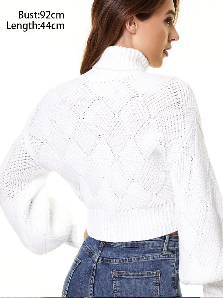 Autumn and Winter New Fashion Turtleneck Women's Sweater Diamond Solid Color Lantern Sleeve Short Knitted Long-sleeved Pullover