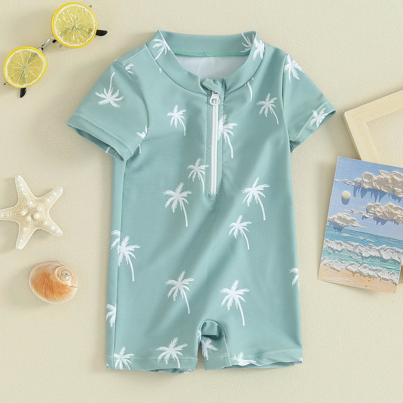 Kids Boys Summer Swimsuit Casual Tree/Dinosaur Print Zipper Short Sleeve Jumpsuit Swimwear Beachwear Bathing Suit 0-3T