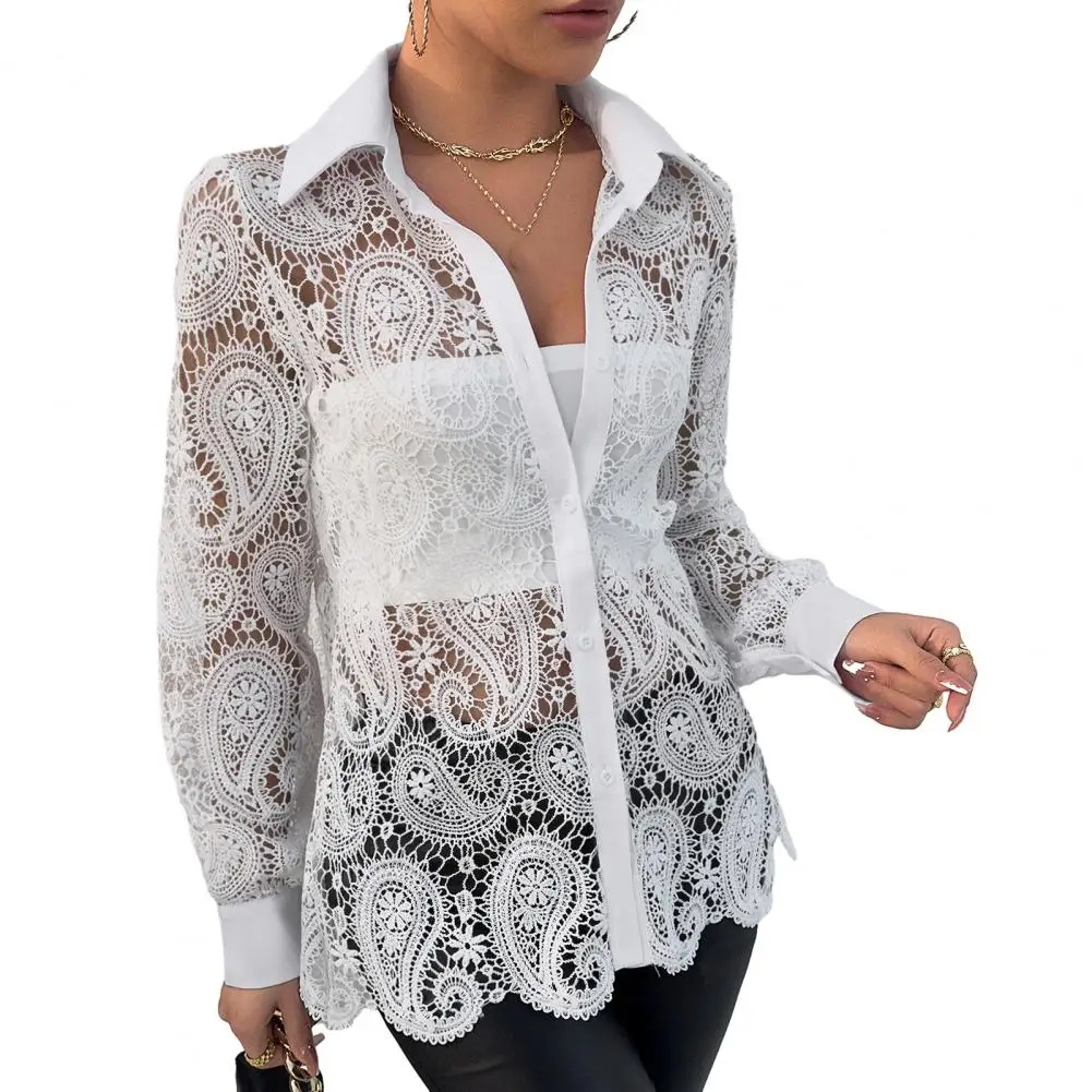 

Casual V-neck Blouse Elegant Lace Hollow Out Women's Shirt with Single-breasted Turn-down Collar Long Sleeves See-through for A