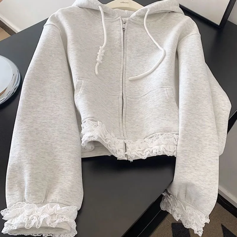 Lace Patchwork Sweet Hoodies Women Spring Preppy Style Long Sleeve Cute Sweatshirt Fashion Pockets Female Loose Korean Tops New