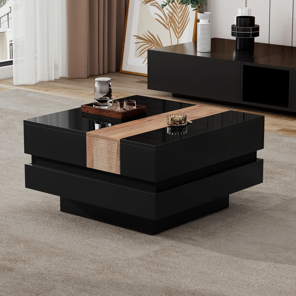 Moderner, hochglänzender, quadratischer Couchtisch, 70 x 70 x 39 cm, ausziehbares Design mit versteckter Stauraum, Farbblock-Wohnzimmer-Beistelltisch – Detail 5