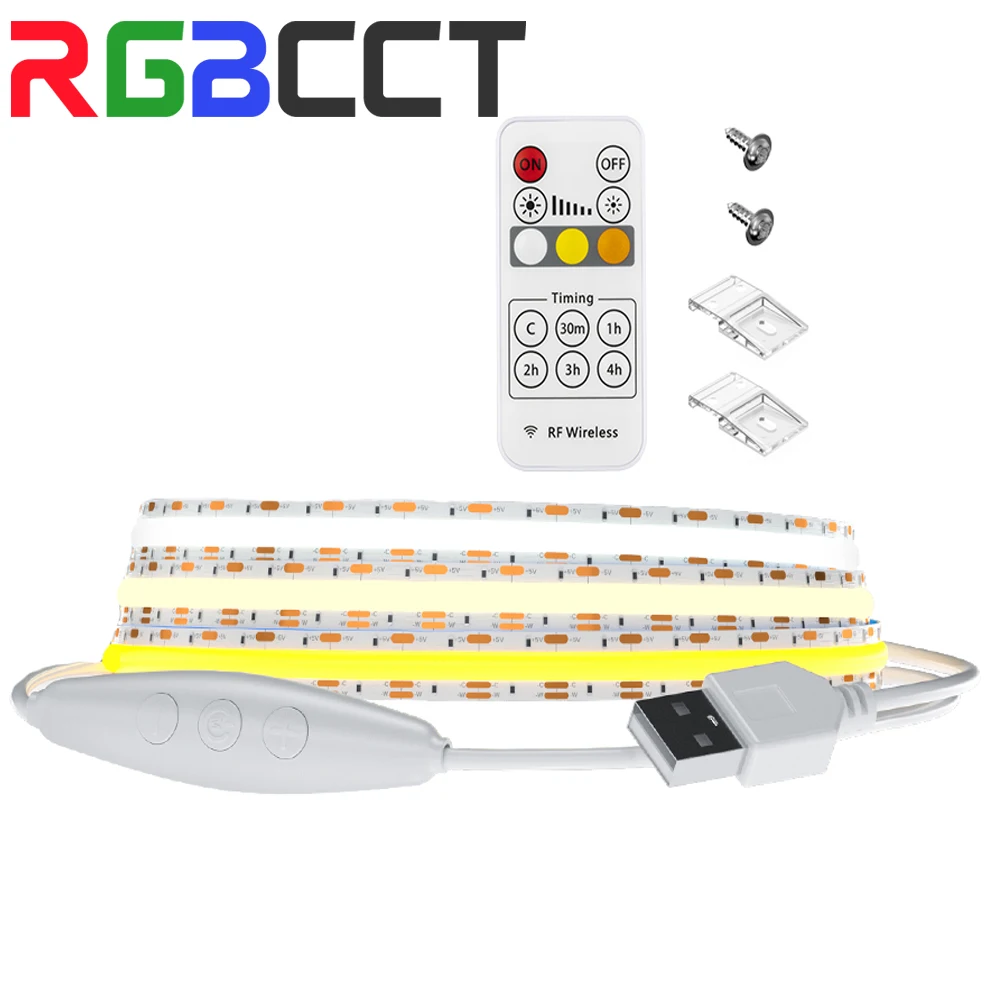 

FCOB CCT LED Strip Light DC5V USB Plug Full Set 640 LEDs COB LED Lights 2700K to 6000K RF13 Keys Remote Flexible Dimmable Linear