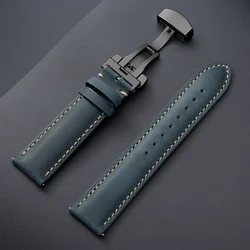 Premium Genuine Calfskin Leather Watchband with Butterfly Buckle Stitching - 22mm (Blue - Black)