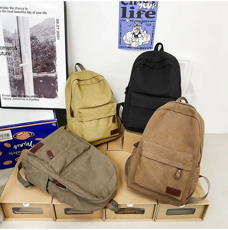 

Teenager Vintage Backpacks Simple Canvas Style Solid Color New Fashion College Student Couple Travel Large Capacity School Bags