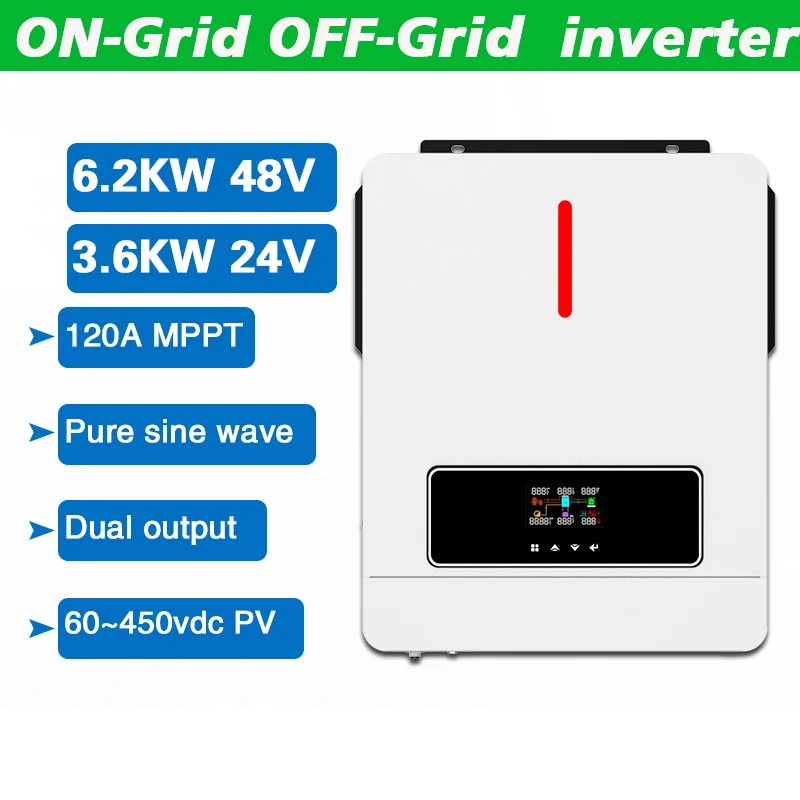 

3.6KW 6.2KW Hybrid Solar Inverter 120A Built-in MPPT Solar Controller 24VDC Off-Grid Inverter Charger Pure Sine Wave NO battery