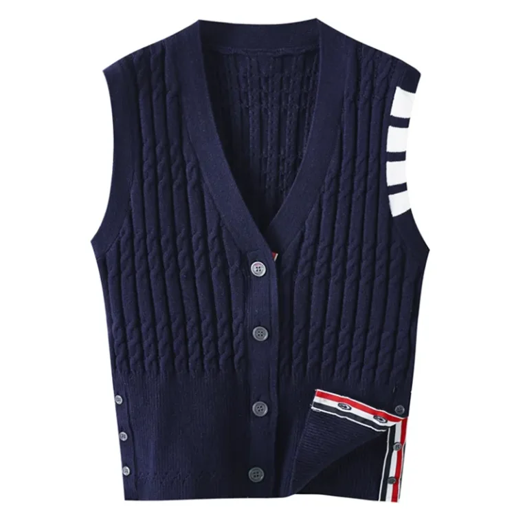 TB Men's Wool Vest Sleeveless Striped Tops Autumn Winter New Korean Luxury Fashion High Quality V-Neck Soft Design Women Vest