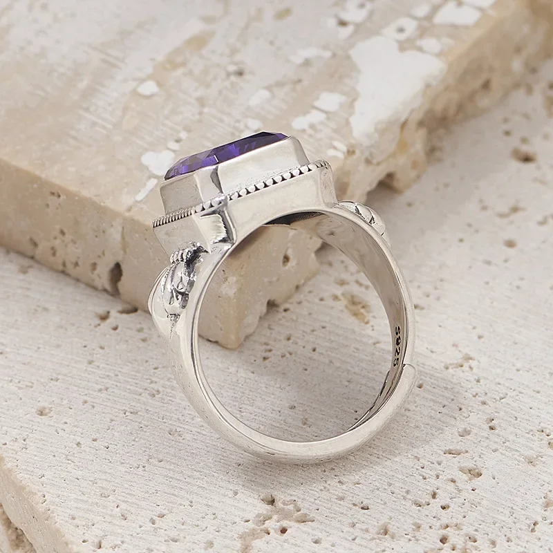 S925 sterling silver charms rings for women men new fashion relief pattern inlaid square Natural amethyst jewelry free shipping