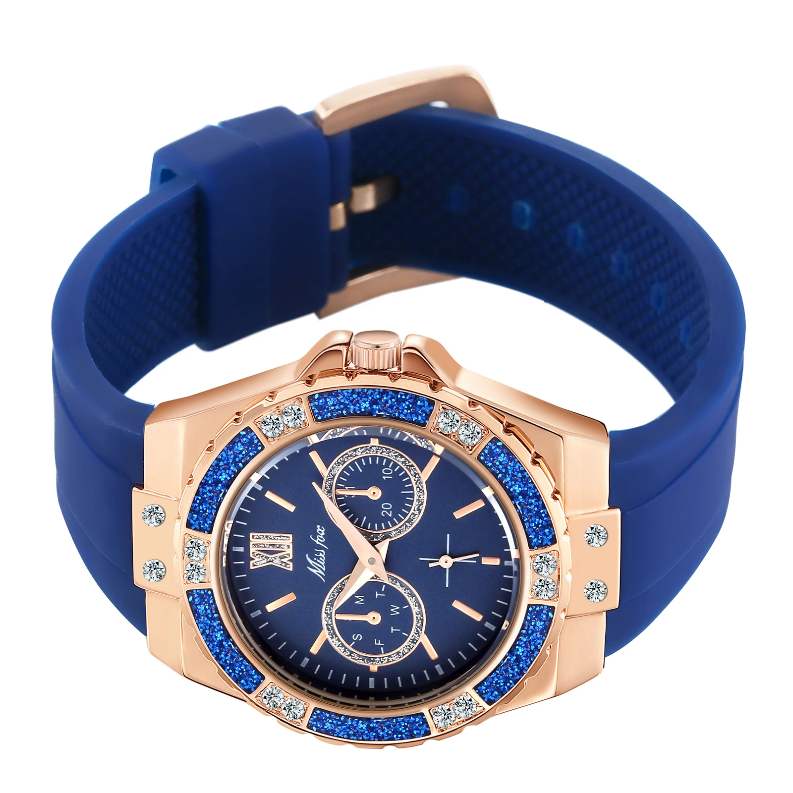Top Women's Watches Chronograph Rose Gold Sport Watch Ladies Diamond Blue Rubber Band Xfcs Analog Female Quartz Wristwatch 2023