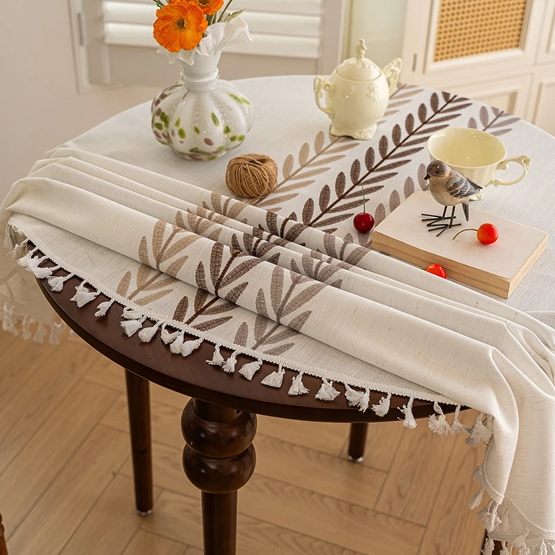 Rustic Embroidery Tablecloth – Cotton Linen Coffee Leaves Pattern Waterproof Table Cover 5