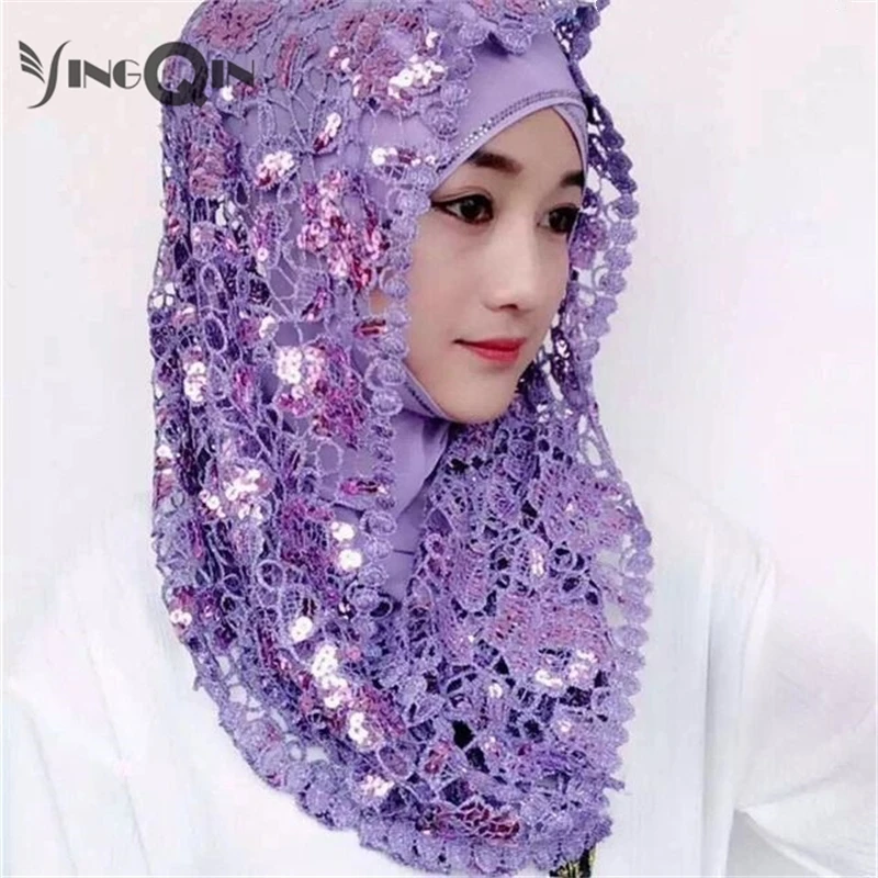 Muslim Women Shawl Headscarf Freeshipping Lace Summer Sequin Hollow Chiffon Scarf  Hat Prayer Kufi Islam Saudi Arabia Headwraps