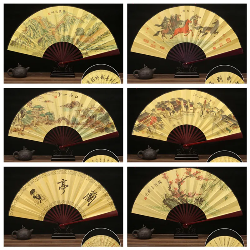

1Pc Vintage 10 Inch Folding Fan Chinese Style Decorative Men Pocket Bamboo Handle Hand Fan Party Supplies Home Ornaments