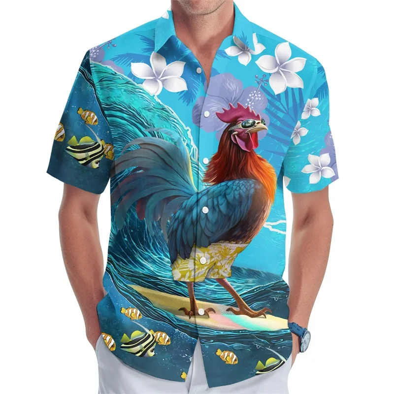 thumbnail image 1 of Camisa de playa con botones para hombre, estampado digital 3D, patrón de pollo, camisa hawaiana para surfear para hombre, camisas casuales de manga corta de talla grande, 1 of 5