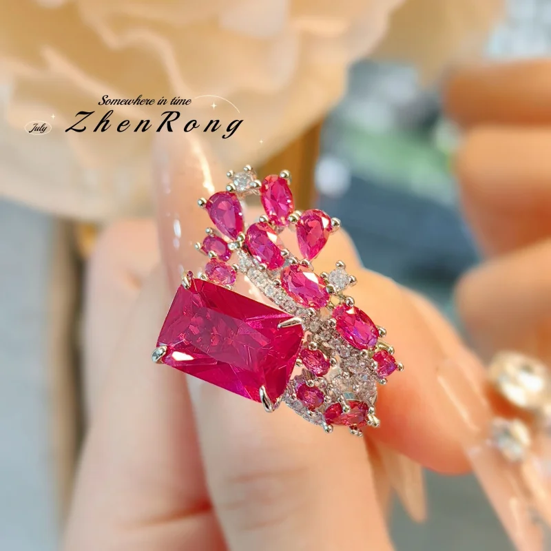 Luxurious Blood Red Corundum Ring - Elegant Simulated Diamond Jewelry