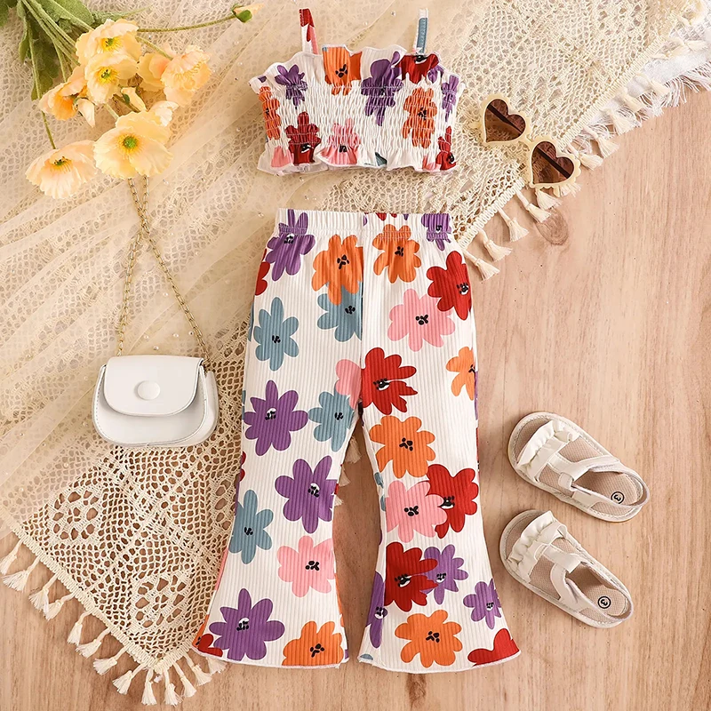 2024-04-02 lioraitiin 9M-5Y Kid Baby Girls Summer 2PCS Pants Sets Sleeveless Ruched Floral Camisole Flared Pants Sets 1